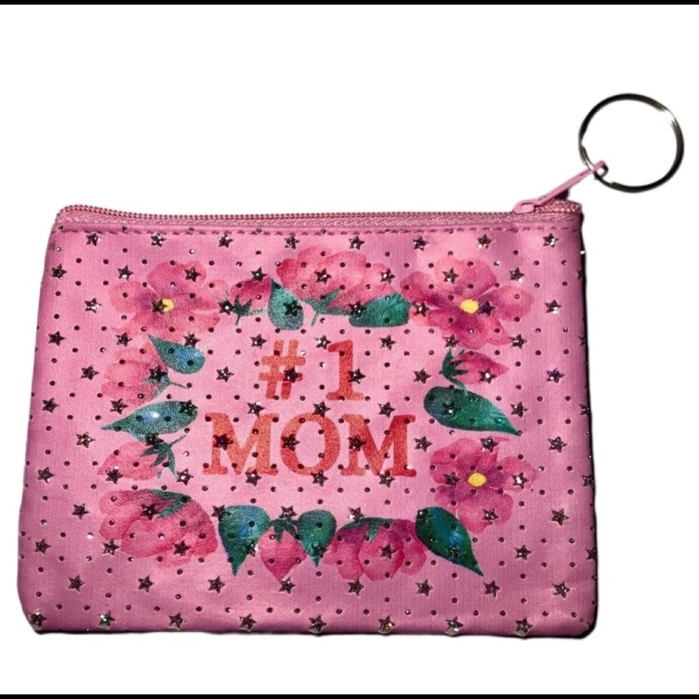 Mom 1 Pink Zipper Coin Purse w/ keychain 3.5”x5”
